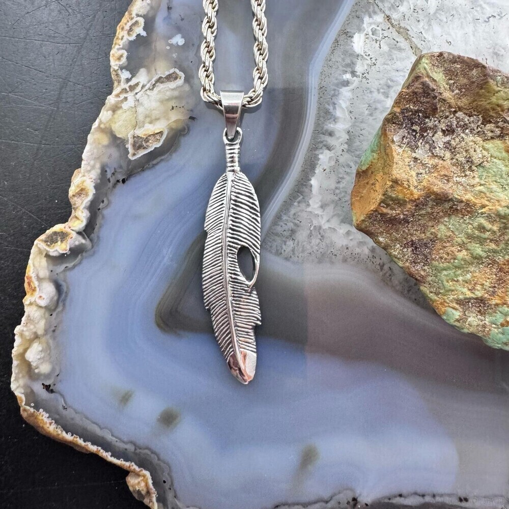 Sterling Silver Southwestern Style Feather Unisex Pendant - Picture 2 of 10